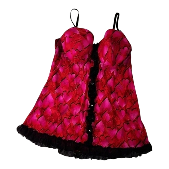 Pink/Red Heart Sheer Underwire Slip Padded Teddy 42D Slip - Picture 1 of 6